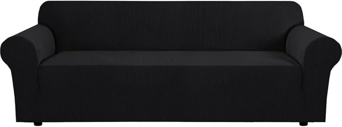 H.VERSAILTEX Stretch Sofa Covers 4 Seater Sofa Slipcovers for Living Room Large Couch Cover Feature Thick Checked Jacquard Fabric with Elastic Bottom, Sofa X-Large - Black