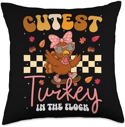 Cutest Turkey in The Flock Fun Family Thanksgiving Vibes Throw Pillow by Unknown