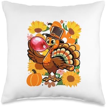Sunflowers Turkey Blowing Bubble Thanksgiving Women Girl Throw Pillow by Unknown