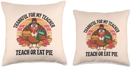 Funny Thanksgiving Teacher Retro Turkey Teach or Eat Pie Throw Pillow - Image 3