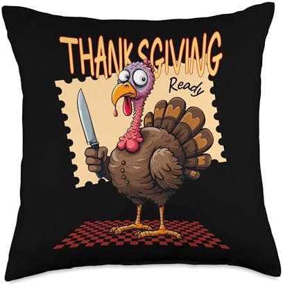 Funny Thanksgiving Turkey Cartoon with Knife Humor Throw Pillow by Unknown