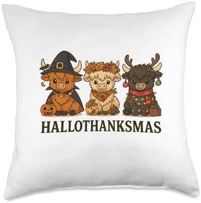 Hallothanksmas Highland Cow Trio Halloween Thanksgiving Throw Pillow by Unknown