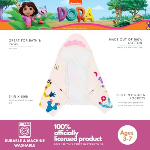 Dora The Explorer Kids Super Soft Bath/Pool/Beach Soft Cotton Terry Hooded Towel Wrap, 24 in x 50 in, (Officially Licensed Product) by Franco