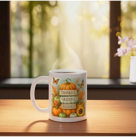 Thankful Grateful Blessed - Fall Pumpkin Family Thanksgiving Ceramic Mug, White, 11oz - Image 3