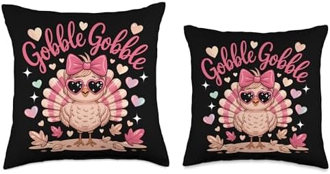 Cute Gobble Turkey Day Pink Bow Thanksgiving Women Kids Throw Pillow - Image 3