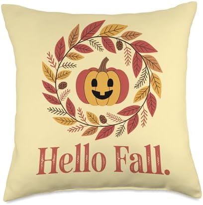Hello Fall Autumn Wreath, Cosy Thanksgiving & Season Throw Pillow by Unknown