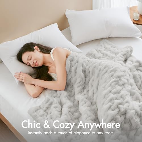 Madison Park Ruched Fur Throw Faux Fur Blanket, 50" x 60", Silver Grey | Luxury, Premium, Soft Cozy Brushed Long Pile, All Season Plush Modern OEKO- TEX Certification Warm For Bed, Couch or Sofa