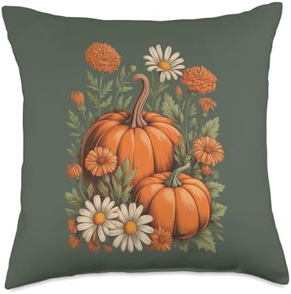 Hello Fall Vintage Thanksgiving Floral Botanical Pumpkin Throw Pillow by Unknown