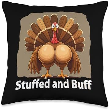 Funny Turkey Stuffed and Buff Boobs Thanksgiving Breast Throw Pillow by Unknown