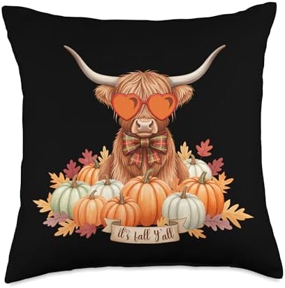 Fall Highland Cow Pumpkin Bow Thanksgiving Fall Girl Women Throw Pillow by Unknown