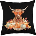 Fall Highland Cow Pumpkin Bow Thanksgiving Fall Girl Women Throw Pillow by Unknown
