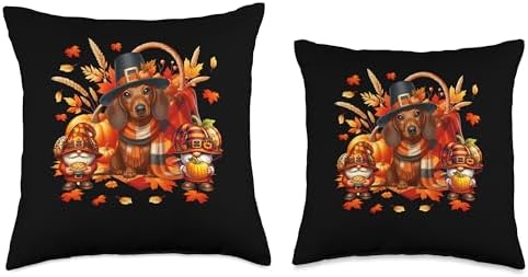Thanksgiving Dachshund With Gnomes Fall Leaves Pumpkins Throw Pillow - Image 3