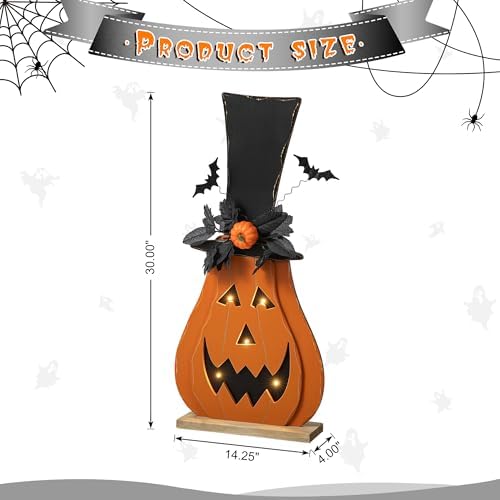 Glitzhome 29.5"H Lighted Wooden Jack-O-Lantern Porch Decor, Farmhouse Halloween Pumpkin Yard Sign With Floral Timer, Rustic Style Sign With Wood Base for Home Party Decor - Image 2