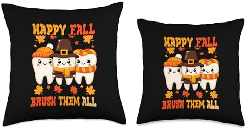 Happy Fall Brush Them All Teeth Thanksgiving Dental Dentist Throw Pillow - Image 3