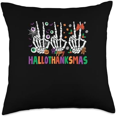 Halloween Thanksgiving Christmas HalloThanksMas Skeleton Throw Pillow by Unknown
