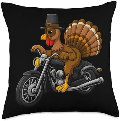 Turkey Riding Motorcycle Funny Thanksgiving Biker Humor Throw Pillow by Unknown