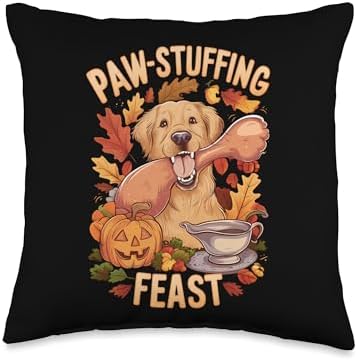 Paw-stuffing Feast Retriever Thanksgiving Golden Dog Throw Pillow by Unknown