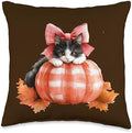 Cute Halloween Pumpkin Cat Pink Fall Plaid Thanksgiving Girl Throw Pillow by Unknown