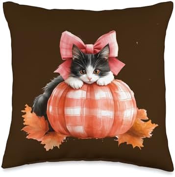 Cute Halloween Pumpkin Cat Pink Fall Plaid Thanksgiving Girl Throw Pillow by Unknown
