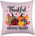 Thankful Grateful Blessed Leopard Plaid Pumpkin Thanksgiving Throw Pillow by Unknown