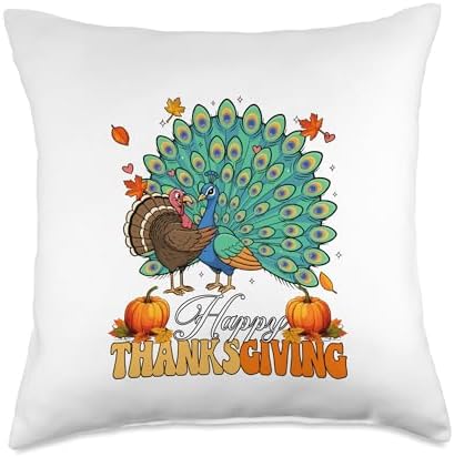 Happy Thanksgiving Turkey Hugging Peacock Lover Farmer Kids Throw Pillow by Unknown