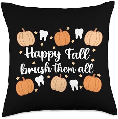 Thanksgiving Dental Dentist Happy Fall Brush Them All Teeth Throw Pillow by Unknown
