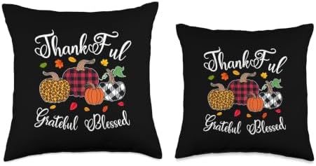 Thankful Grateful Blessed Leopard Plaid Pumpkin Thanksgiving Throw Pillow - Image 3