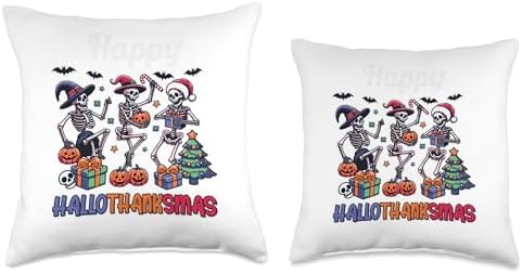 halloween thanksgiving christmas hallothanksmas Skeletons Throw Pillow - Image 3