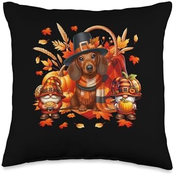 Thanksgiving Dachshund With Gnomes Fall Leaves Pumpkins Throw Pillow by Unknown