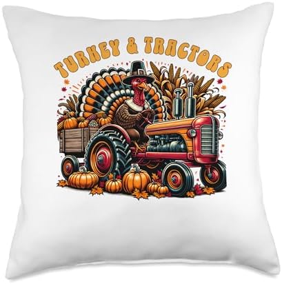 Turkey And Tractors Boys Kids Girls Thanksgiving Hayride Throw Pillow by Unknown