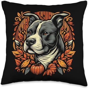 Pit Bull Thanksgiving Autumn Fall Red Leaves Pitbull Floral Throw Pillow by Unknown