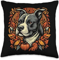 Pit Bull Thanksgiving Autumn Fall Red Leaves Pitbull Floral Throw Pillow by Unknown