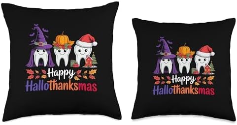 Happy Hallothanksmas Cute Dental Halloween Thanksgiving Xmas Throw Pillow - Image 3