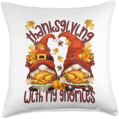 Funny Autumn Fall Gnomes Couple Thanksgiving With My Gnomies Throw Pillow by Unknown
