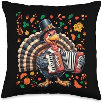 Funny Thanksgiving Turkey with Pilgrim Hat Playing Accordion Throw Pillow by Unknown