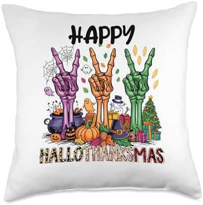 thanksgiving christmas hallothanksmas hand Skeletons Throw Pillow by Unknown