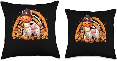 Llama Fall Pumpkin Cute Head Thanksgiving Flowers Rainbow Throw Pillow - Image 3