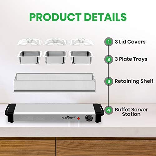 NutriChef 3 Tray Buffet Server & Hot Plate Food Warmer | Tabletop Electric Food Warming Tray | Easy Clean Stainless Steel | Portable & Great for Parties & Events | Max Temp 175F | (PKBFWM33.V7) - Image 5