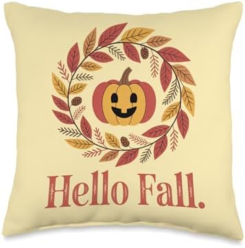 Hello Fall Autumn Wreath, Cosy Thanksgiving & Season Throw Pillow by Unknown