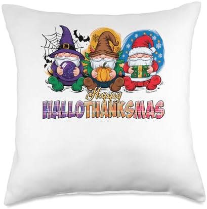 halloween thanksgiving christmas happy hallothanksmas gnome Throw Pillow by Unknown