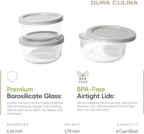 6-Piece Glass Food Storage Containers Set (3 Containers + 3 BPA-Free Lids) | 4-Cup, Leakproof | Microwave, Freezer, Oven & Dishwasher Safe | Ideal for Meal Prep & Pantry Organization, Grey