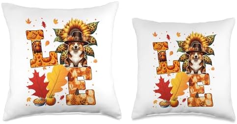 LOVE Thanksgiving Corgi Costume Fall Leaves Sunflower Throw Pillow - Image 3