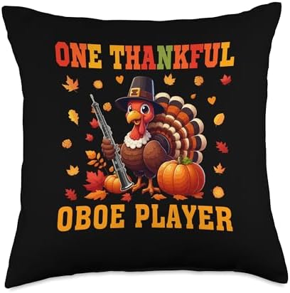 One Thankful Oboe Player Thanksgiving Turkey Instrument Throw Pillow by Unknown