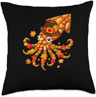 Fall Leaves Pumpkins Squid Cute Shape Thanksgiving Animal Throw Pillow by Unknown