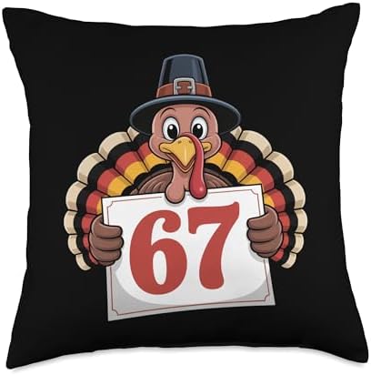 Happy 67 Turkey Pilgrim Holding Sign Six Seven Thanksgiving Throw Pillow by Unknown
