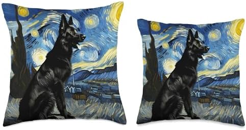 Black German Shepherd Starry Night Van Gogh Thanksgiving Throw Pillow - Image 3