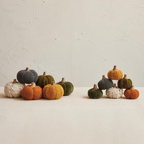 Creative Co-Op Boucle Velvet Pumpkin Holiday Decor with Wood Stem, Multicolor, Set of 6 - Image 2