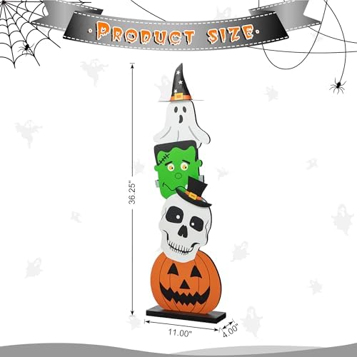 Glitzhome 36'H Wooden Halloween Stacked Ghost Frankenstein Skull Pumpkin Porch Decor, Farmhouse Yard Sign Rustic Style Porch Sign with Wood Base for Home Party Decor - Image 2