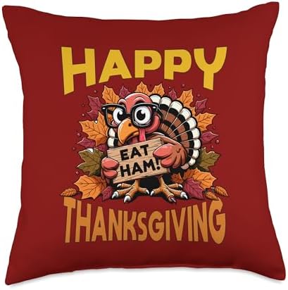 Thankful Holiday Funny Thanksgiving Turkey Outfits Happy Thanksgiving Eat Ham Turkey Fall Funny Men Women Kids Throw Pillow, 18x18, Multicolor by Unknown