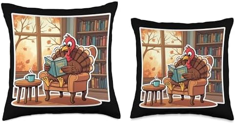 Turkey Reading Books Autumn Fall Thanksgiving Book Lover Throw Pillow - Image 3